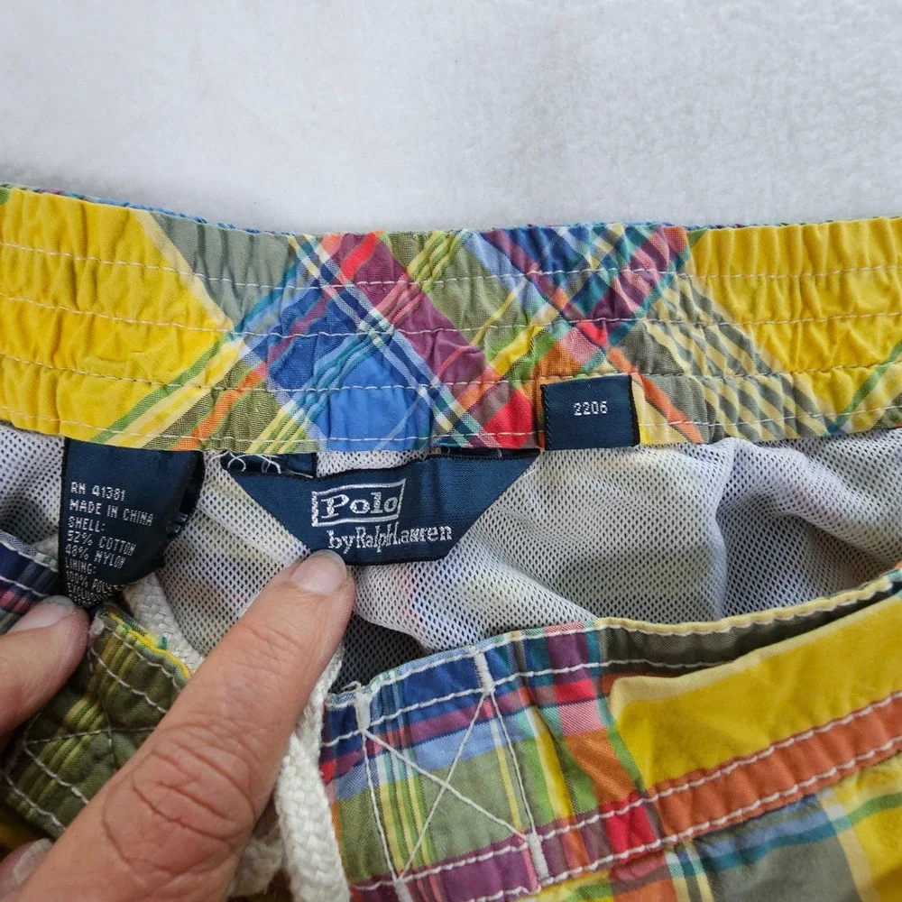 Polo Ralph Lauren Men XXL Yellow Plaid Swim Trunks Board Shorts Mesh Lined Cargo